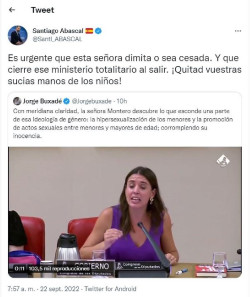 Abascal pide la dimisi&oacute;n "urgente" de Montero y el cierre del Ministerio: "!Quitad vuestras sucias manos de los ni&ntilde;os!"