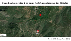 Desalojados vecinos de varios pueblos por el incendio de Yeres (Le&oacute;n) que alcanza Las M&eacute;dulas