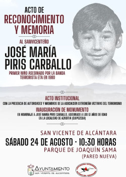 El primer ni&ntilde;o asesinado por ETA recibir&aacute; 44 a&ntilde;os despu&eacute;s un homenaje este s&aacute;bado en San Vicente de Alc&aacute;ntara (Badajoz)