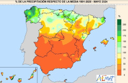 Mayo de 2024 fue el octavo mayo m&aacute;s seco del siglo XXI y las lluvias en la Pen&iacute;nsula llegaron a un 66% de lo habitual