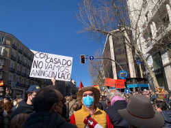 Miles de simpatizantes de Ayuso se manifiestan frente a G&eacute;nova:  "Casado dimisi&oacute;n, obtuso, Ayuso presidenta"