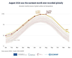 Agosto fue el mes m&aacute;s caluroso jam&aacute;s registrado a nivel mundial, con una media de 16,96&ordm;C, seg&uacute;n Copernicus