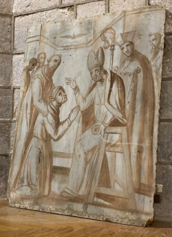 Descubren una tabla con un boceto del siglo XVI en el retablo mayor de la parroquia de Pedraza de Campos (Palencia)